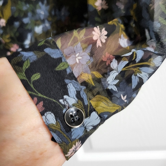 Cabi Women's Floral Sheer Button Up Ruffle Collar Blouse - Black and Blue-Size S - Picture 5 of 10